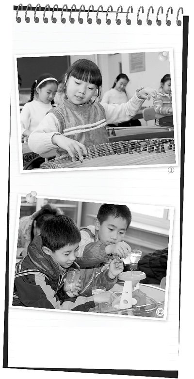 　圖1：鐵路五小古箏社團的孩子們正在演奏《高山流水》，圖2：科學課上，孩子們正在探索水的秘密。