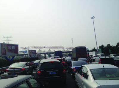 收費(fèi)站前長長排隊(duì)的車輛。陳郁