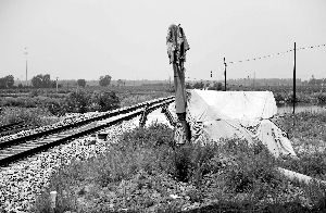 6月30日， 農(nóng)戶用搭建的窩棚和電線桿阻擋了鐵路的施工。新華社發(fā)