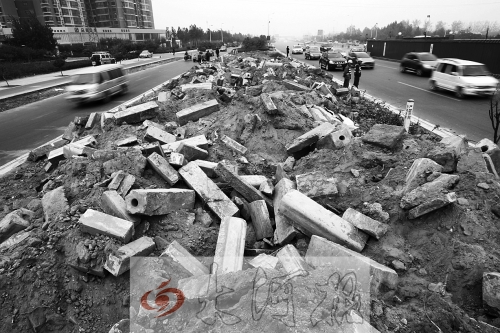 中州大道部分路段，綠化帶成了垃圾場。