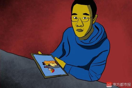 王煥凱看著一家人幸福的合照，黯然神傷，悔不當(dāng)初。（畫作者：吳斌）