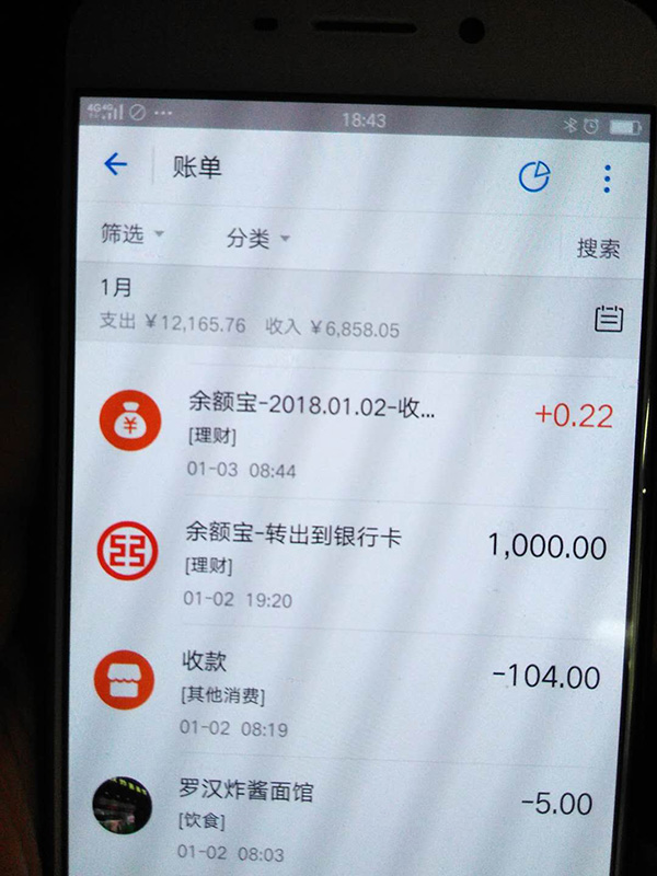 羅正宇2018年1月的支付寶賬單。