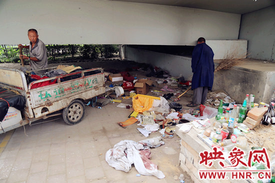 負(fù)責(zé)高架橋下綠化的人員在清理流浪漢留下的垃圾和雜物。
