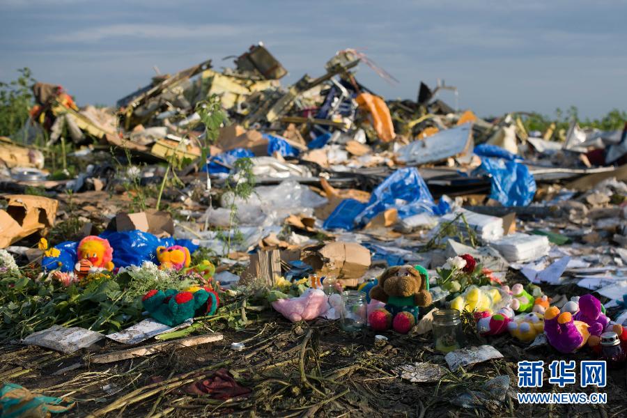 7月19日,在烏克蘭頓涅茨克州拉瑟普諾耶村附近,人們將玩具擺放在馬航MH17航班墜機現(xiàn)場。