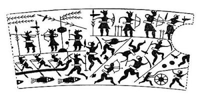 衛(wèi)輝市山彪鎮(zhèn)發(fā)掘出的戰(zhàn)國水陸攻戰(zhàn)紋銅鑒，上面有古人乘舟水戰(zhàn)的場面。