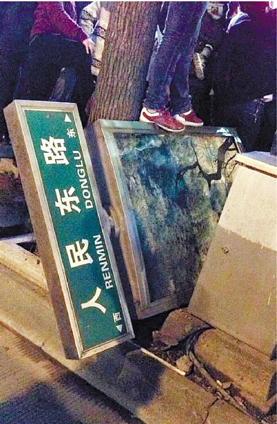 路牌都踩翻，還有人上了樹，城管不出手，也確實不大合適。